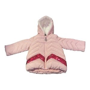Dkny Pink Hooded Puffer Jacket With Dark Pink Sequins Size 24 months
